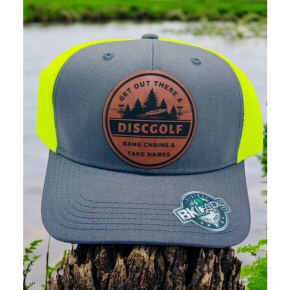 Disc Golf Leather Patch Hat Custom Trucker Hat Bang Chains Gry/Neon Yellow - Picture 1 of 6
